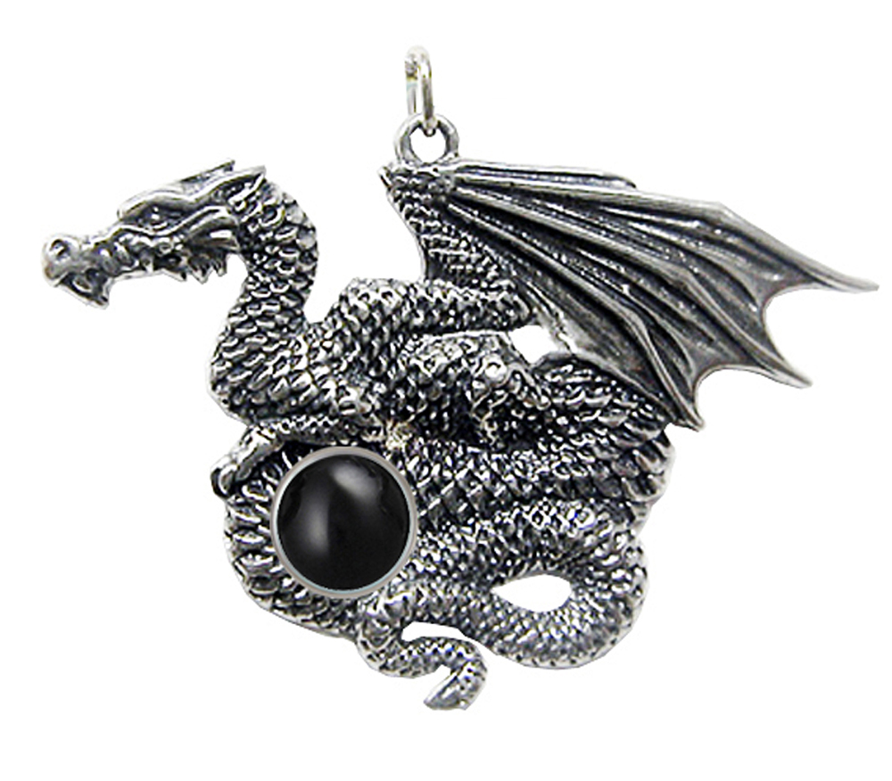 Sterling Silver Dragon of Many Treasures Pendant With Black Onyx